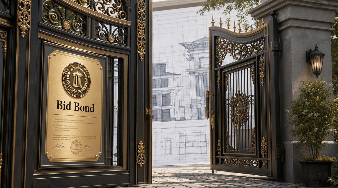 A professional gate entrance featuring a brass plaque labeled Bid Bond against architectural blueprints in background.