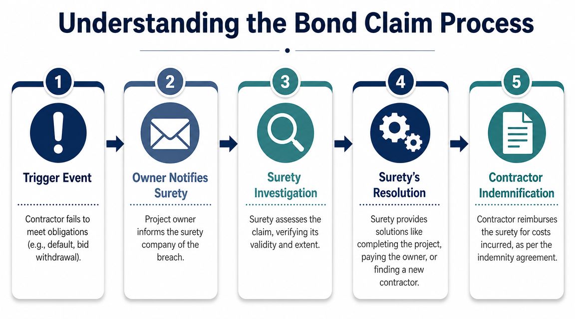 A five-step infographic illustrating the bond claim process from the initial trigger event to contractor indemnification.