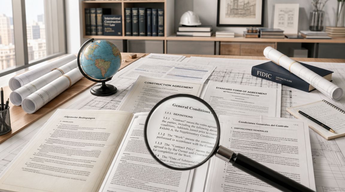 A magnifying glass resting on legal construction documents and blueprints on an office desk.