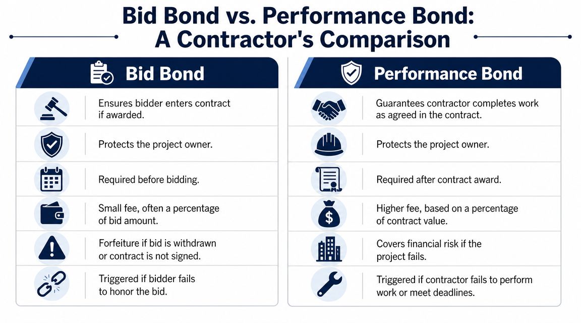 A comparison chart outlining the key differences between bid bonds and performance bonds for construction contractors.