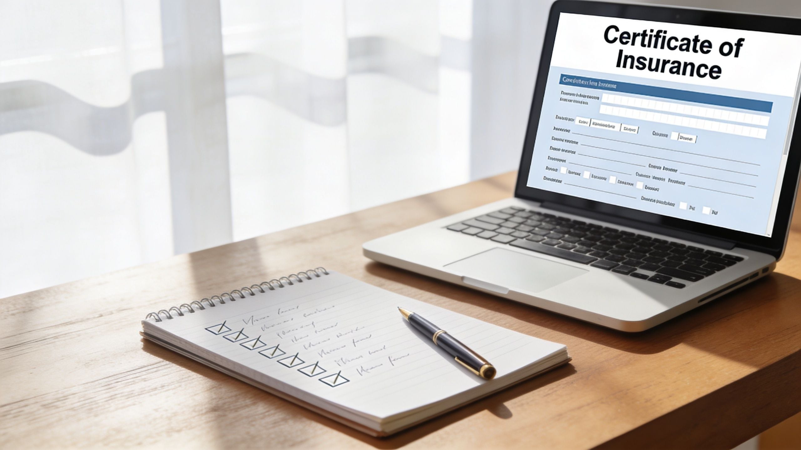 A laptop showing a Certificate of Insurance template sits on a desk next to a notepad.