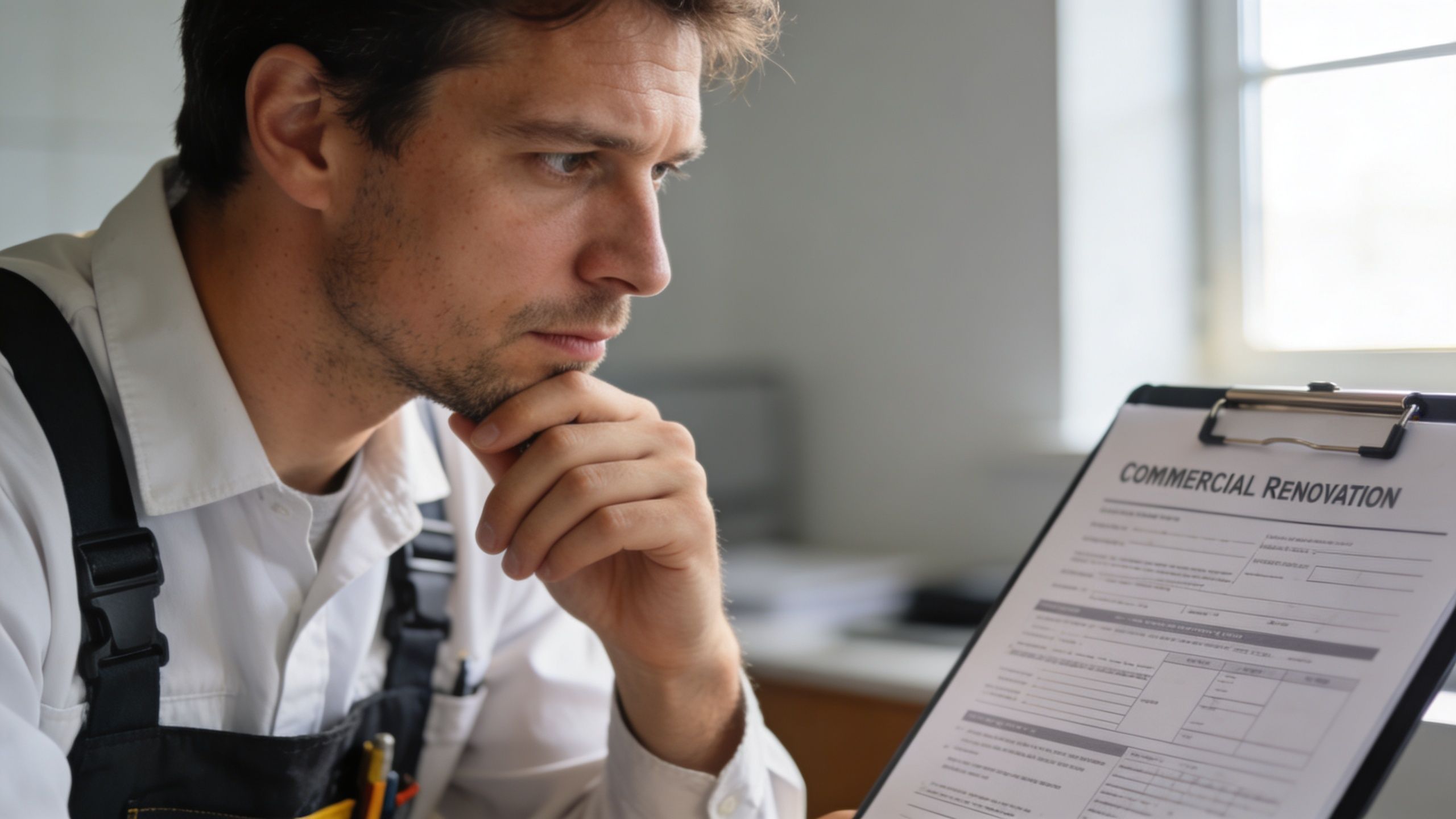 A focused construction worker in work overalls reviewing a commercial renovation form on a clipboard.