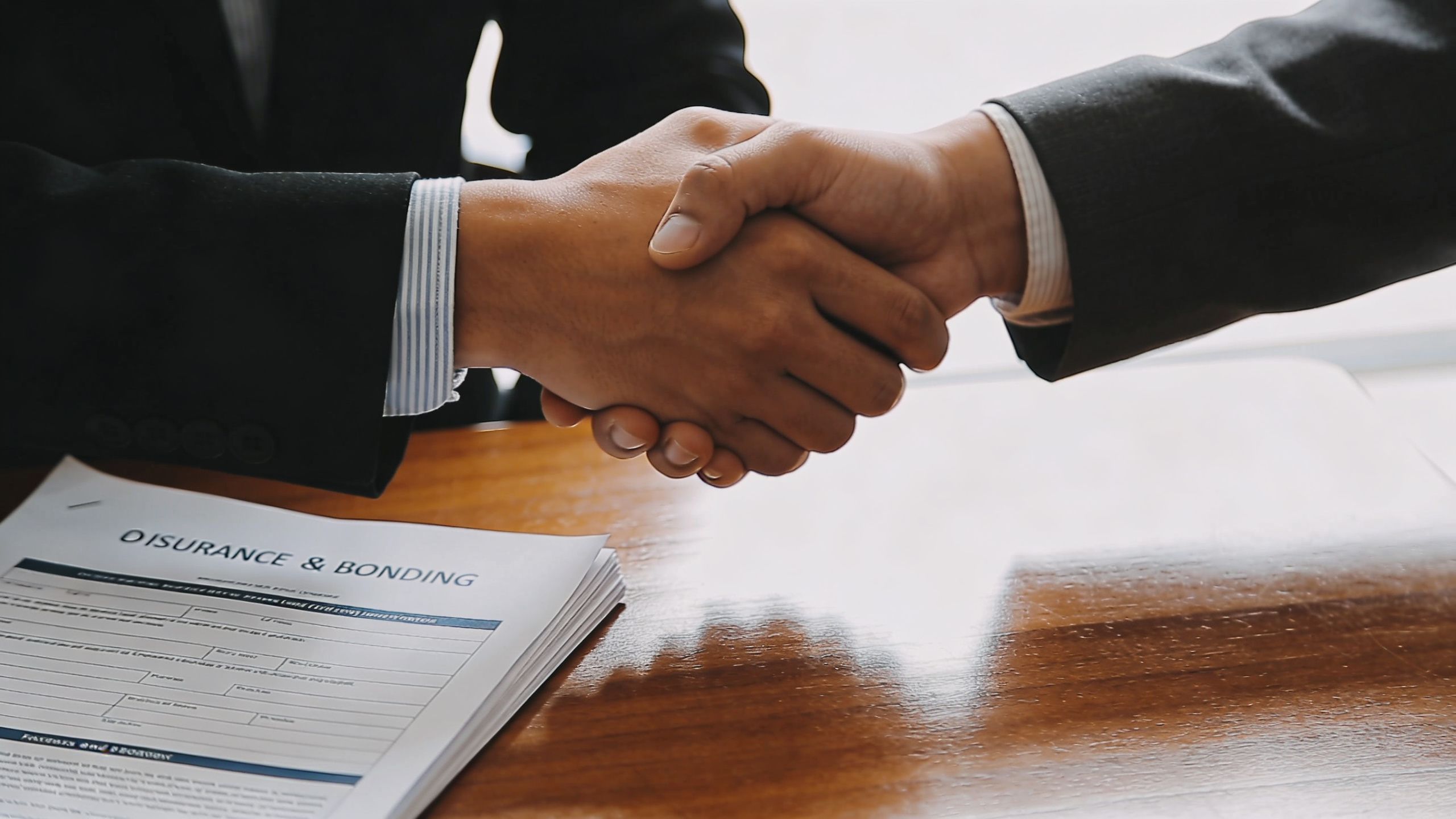 Two business people in suits shaking hands over a completed insurance and bonding application form on desk.