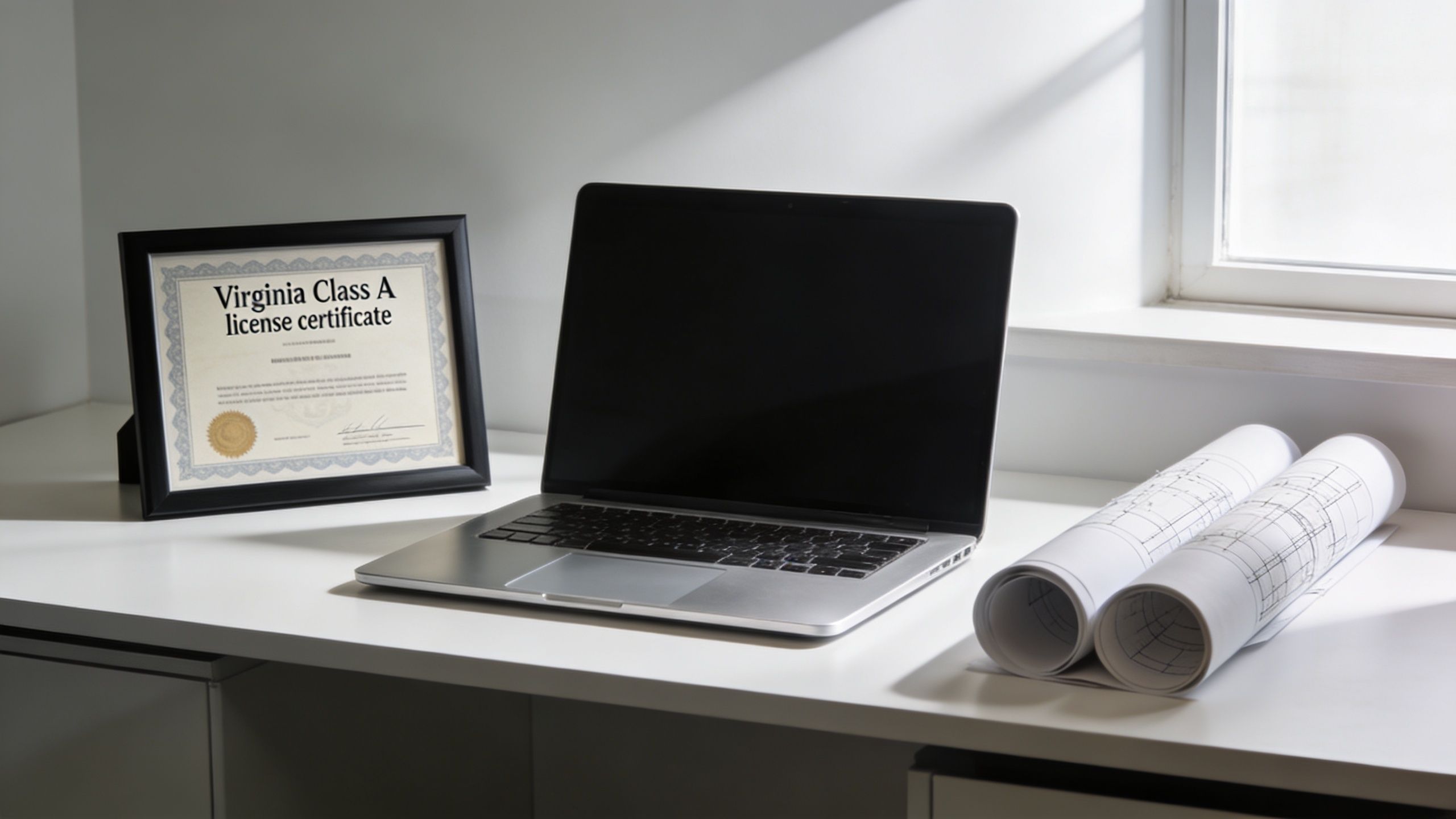 A professional office desk with a Virginia Class A contractor license, a laptop, and rolled blueprints.