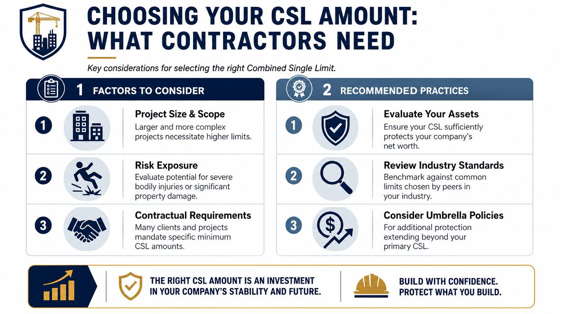 An infographic titled Choosing Your CSL Amount illustrating key factors and recommended practices for contractors.