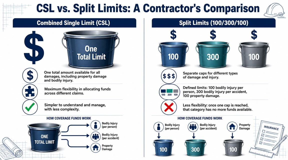 An infographic comparing Combined Single Limit versus Split Limits insurance for contractors using bucket illustrations.