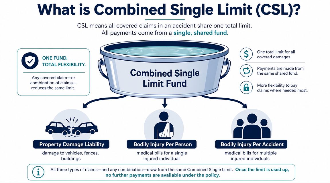 An infographic explaining Combined Single Limit (CSL) insurance as a single shared fund for all accident claims.