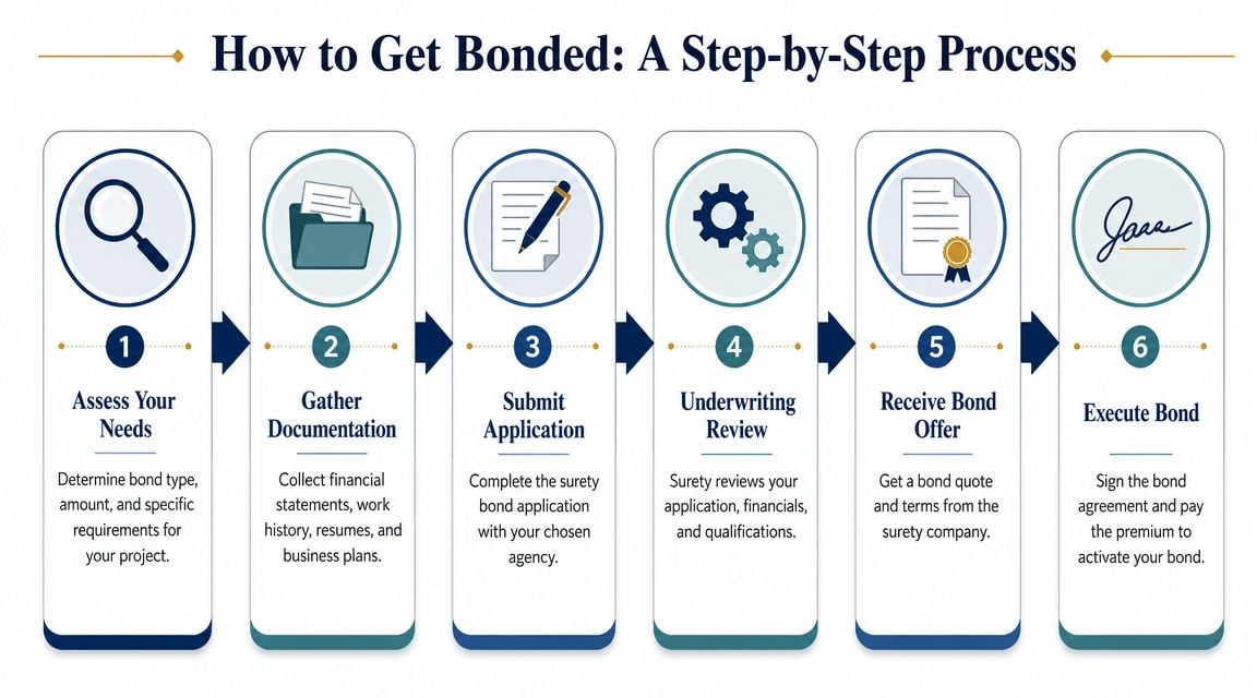 A six-step infographic detailing the process for obtaining a surety bond for professional projects.