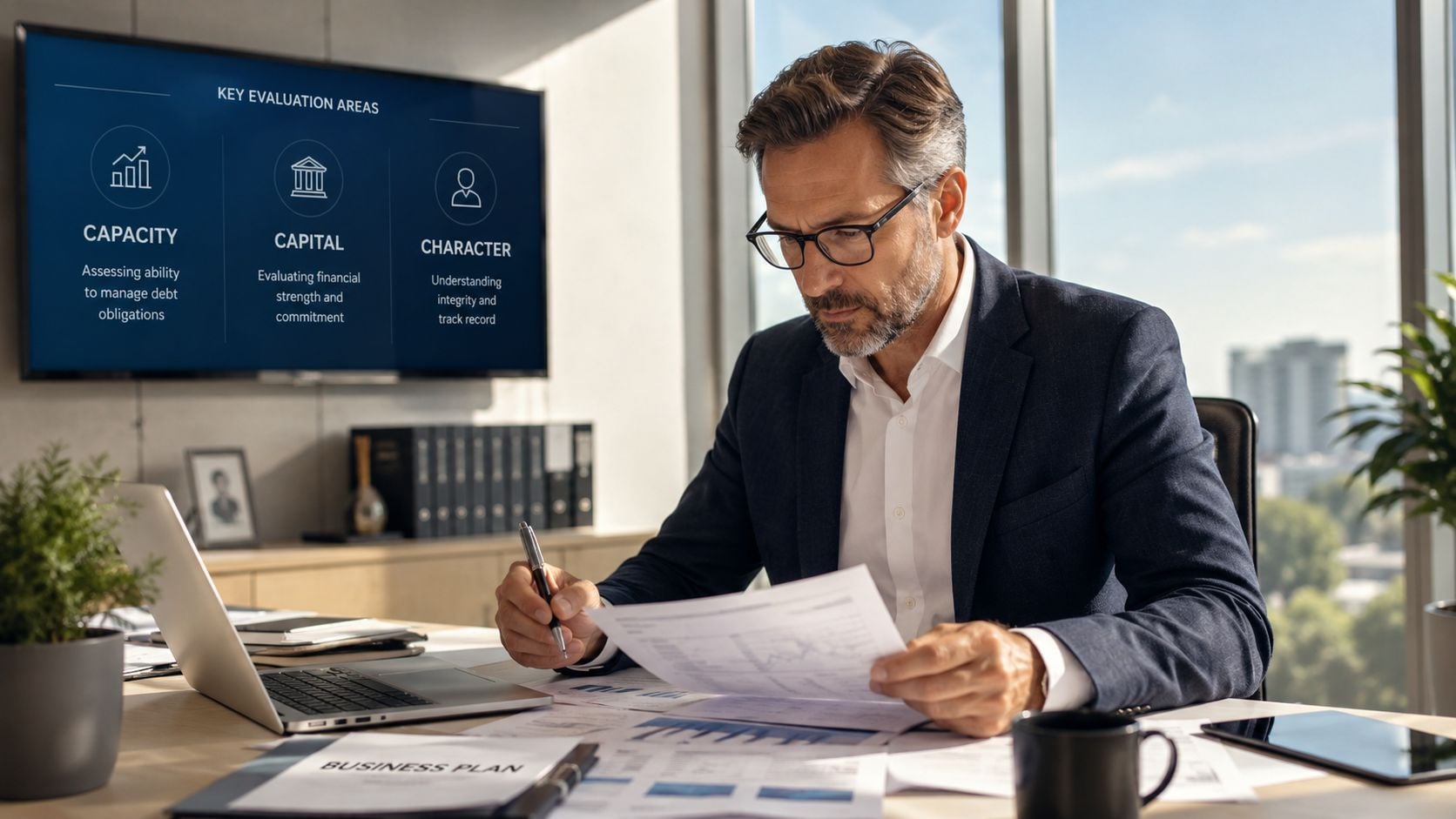 A professional man reviewing business documents at a desk with financial evaluation criteria displayed behind him.