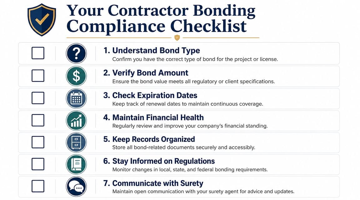A checklist infographic titled Your Contractor Bonding Compliance Checklist listing seven essential steps for construction bonding compliance.