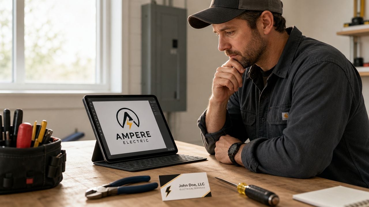 A professional electrician reviews Ampere Electric branding on his tablet while working at his wooden desk.