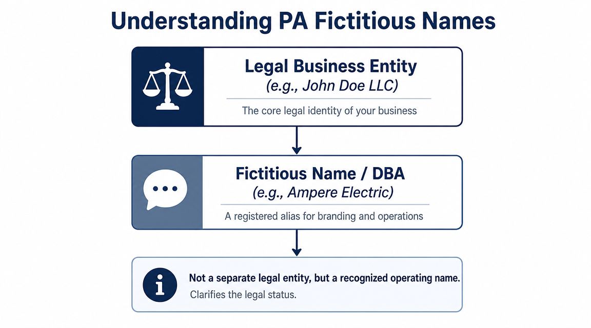 A flow chart explaining the relationship between a legal business entity and a Pennsylvania fictitious name or DBA.