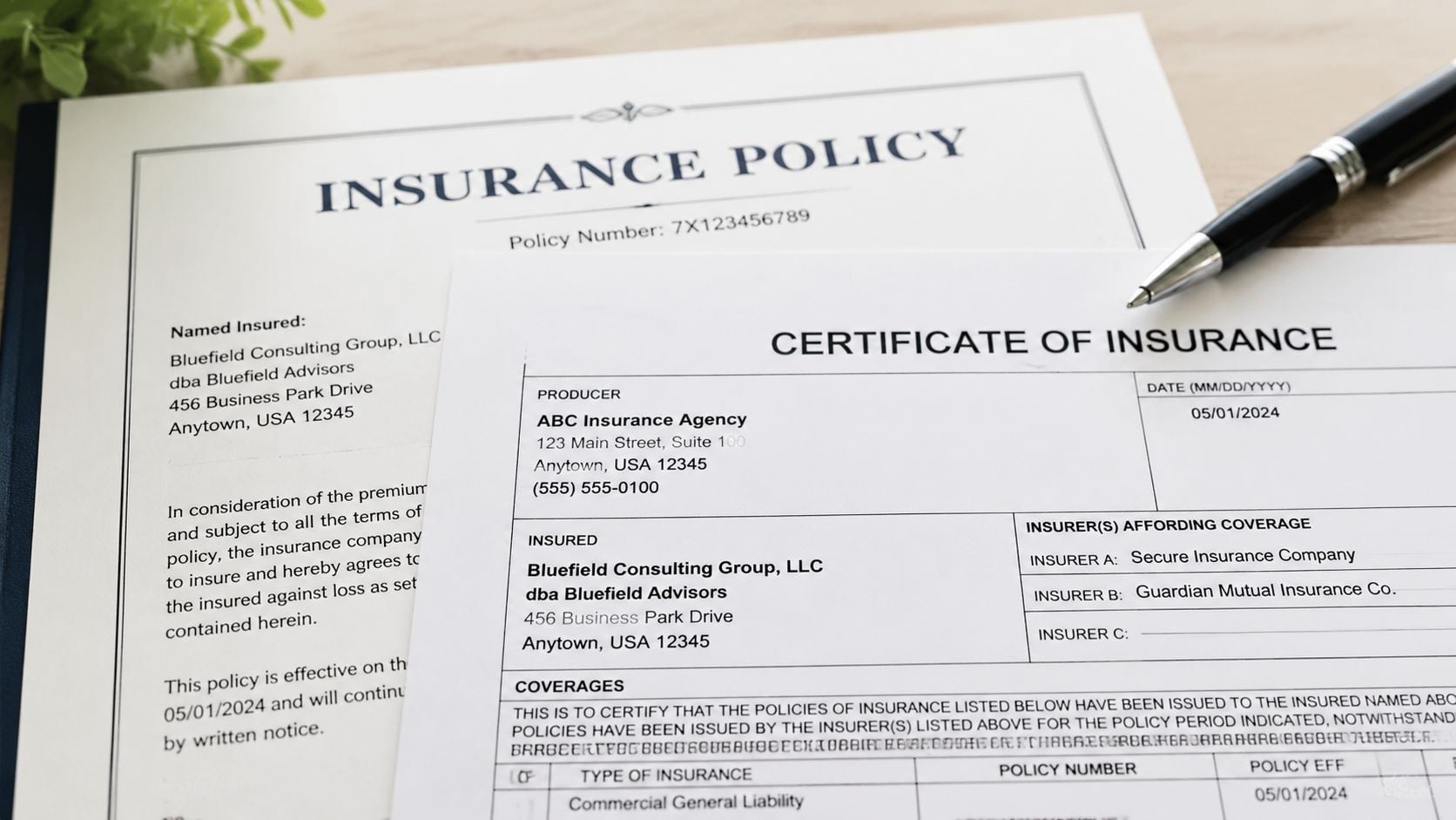 A close-up view of a certificate of insurance and insurance policy document with a black pen.