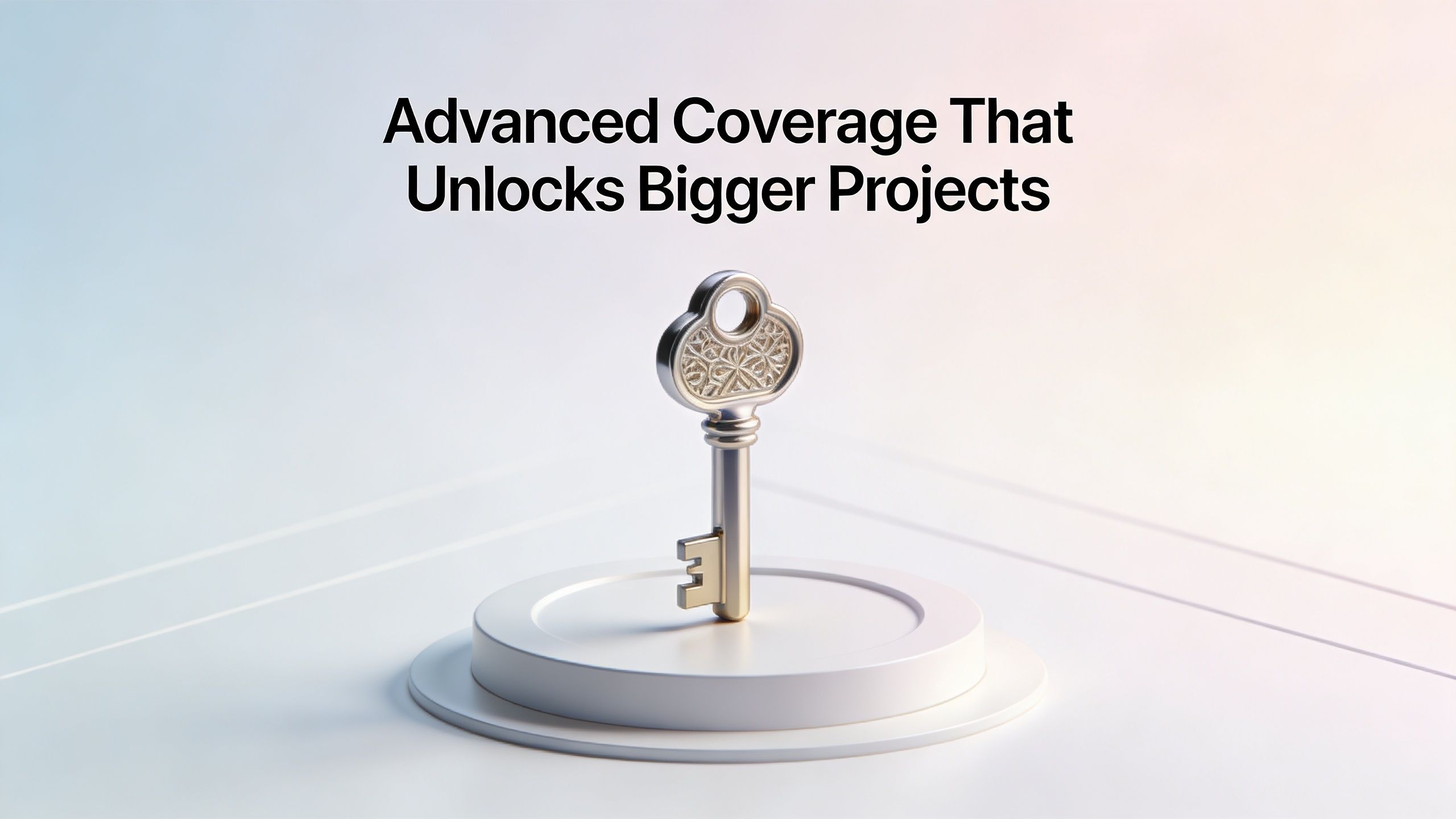 A silver decorative key standing upright on a white pedestal, representing advanced business insurance coverage solutions.