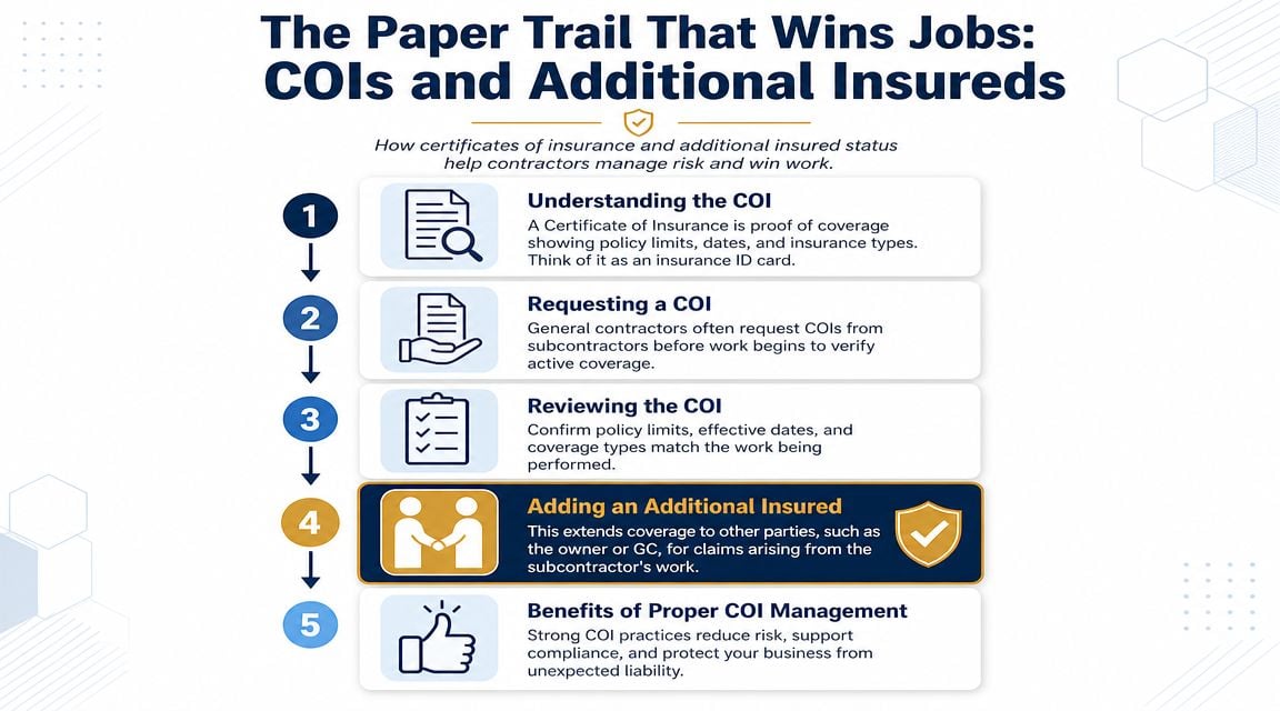 An infographic showing the five-step process of managing certificates of insurance and additional insured status for contractors.