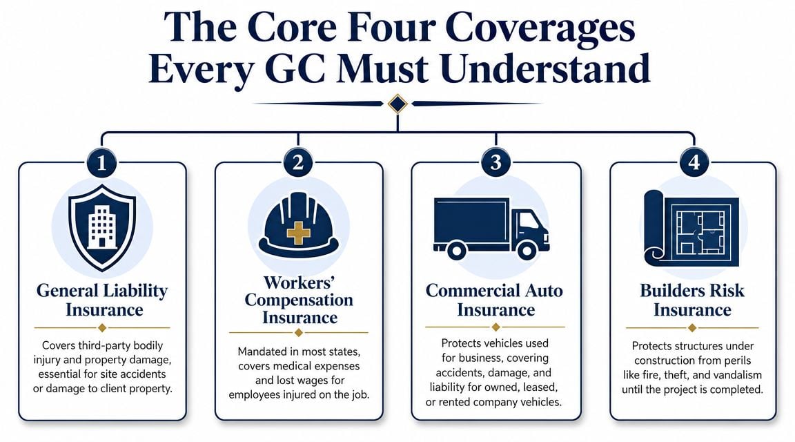 An infographic showing the four essential insurance types every general contractor must understand for their construction business.