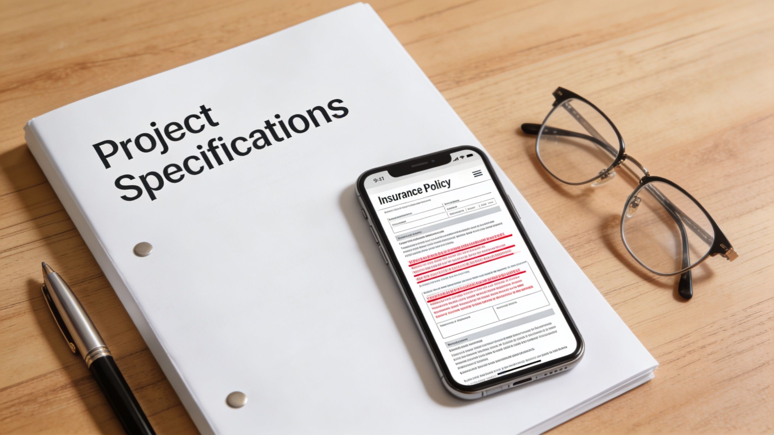 A document titled Project Specifications with a smartphone showing an insurance policy and eyeglasses on a table.