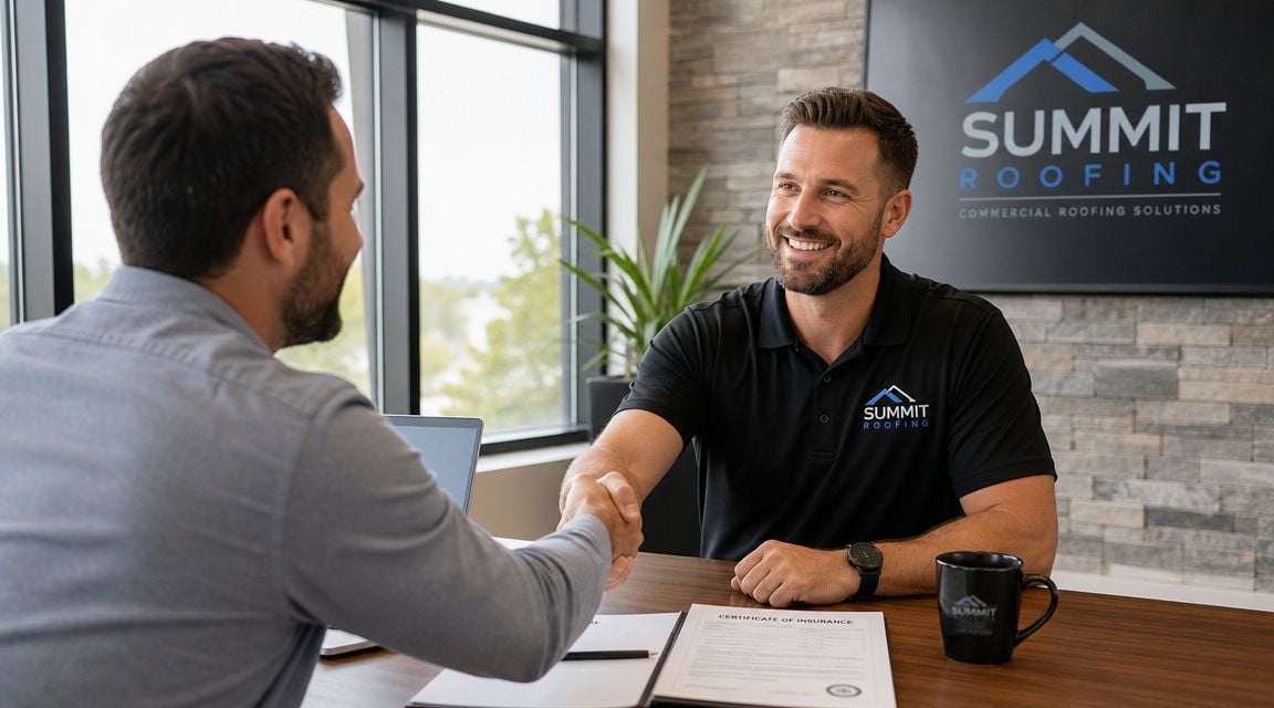 A professional handshake between a client and a Summit Roofing representative in a modern office.