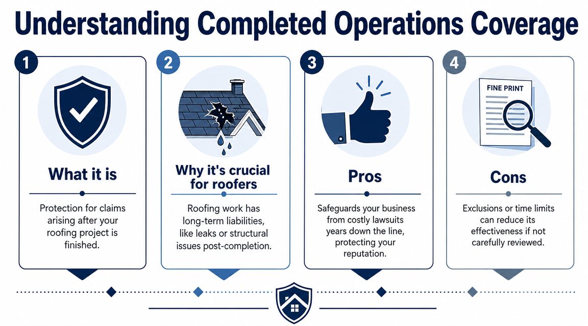 An infographic explaining completed operations insurance coverage for roofers, detailing its purpose, importance, pros, and cons.