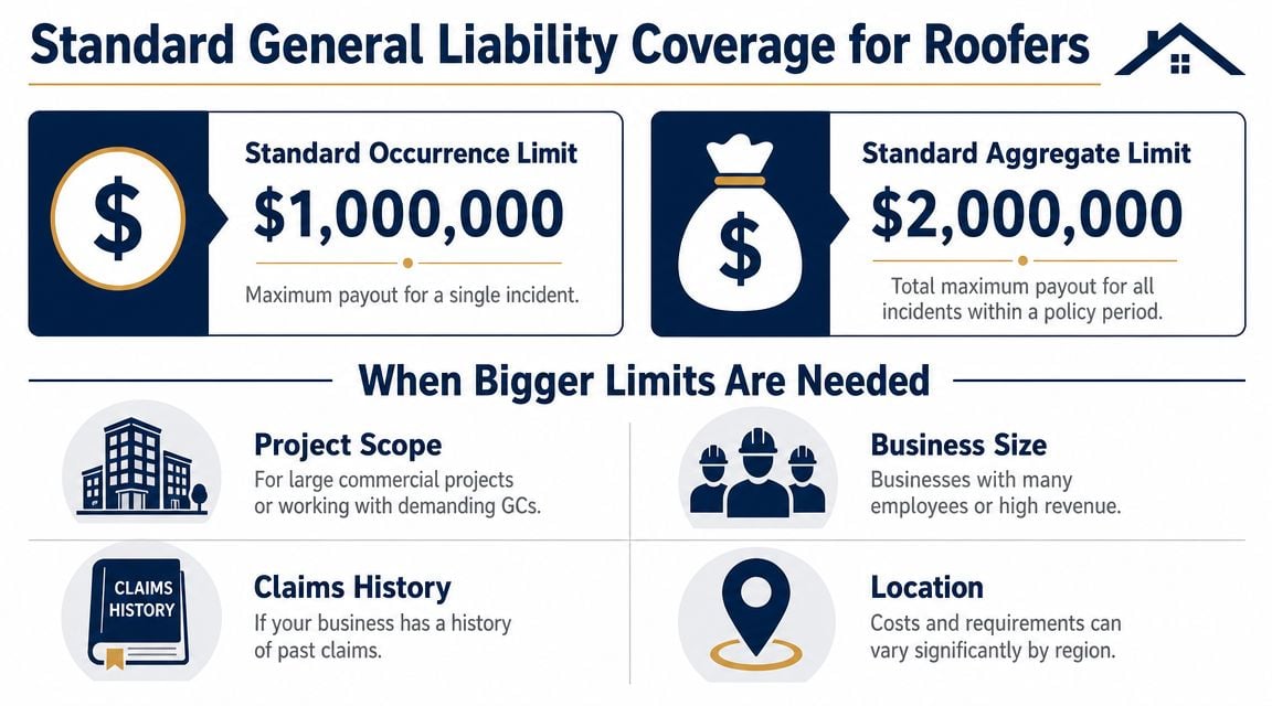 An infographic detailing standard general liability insurance coverage limits and factors requiring higher coverage for roofers.