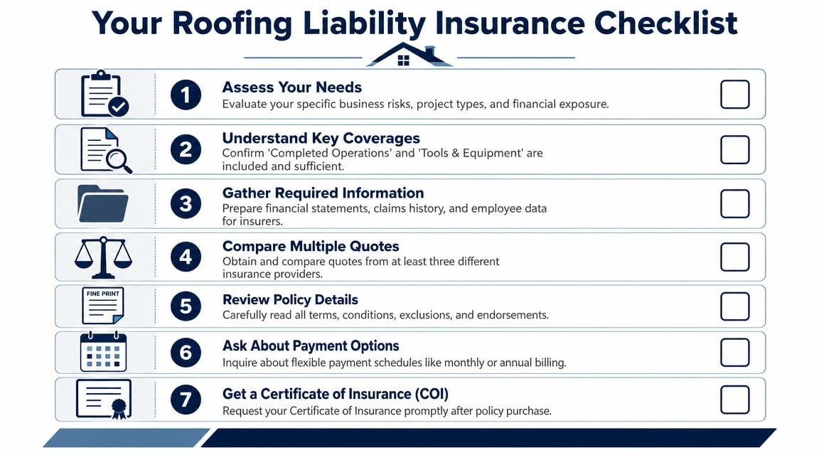 A checklist of seven essential steps for roofers to obtain business liability insurance coverage.