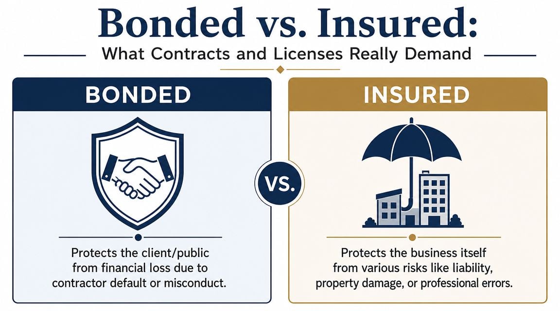A comparison infographic explaining the differences between being bonded and being insured for business operations.