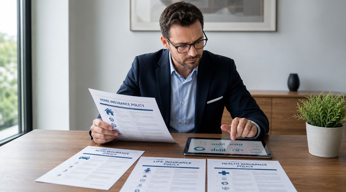 A professional man sitting at a desk reviewing various insurance policies and digital data on a tablet.