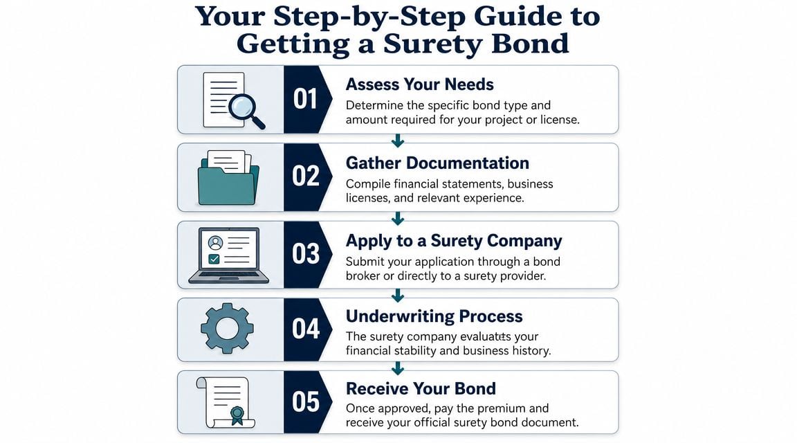 A five-step infographic guide detailing the process for obtaining a surety bond for businesses and projects.