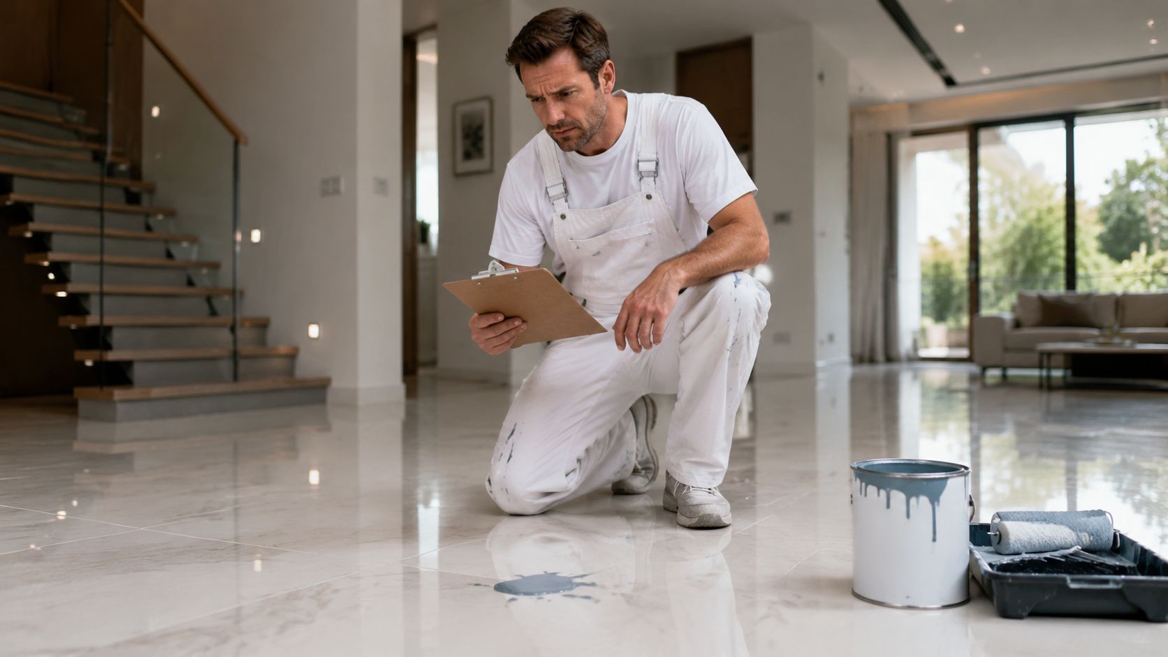 A professional house painter in white overalls kneeling on a marble floor while checking a document.
