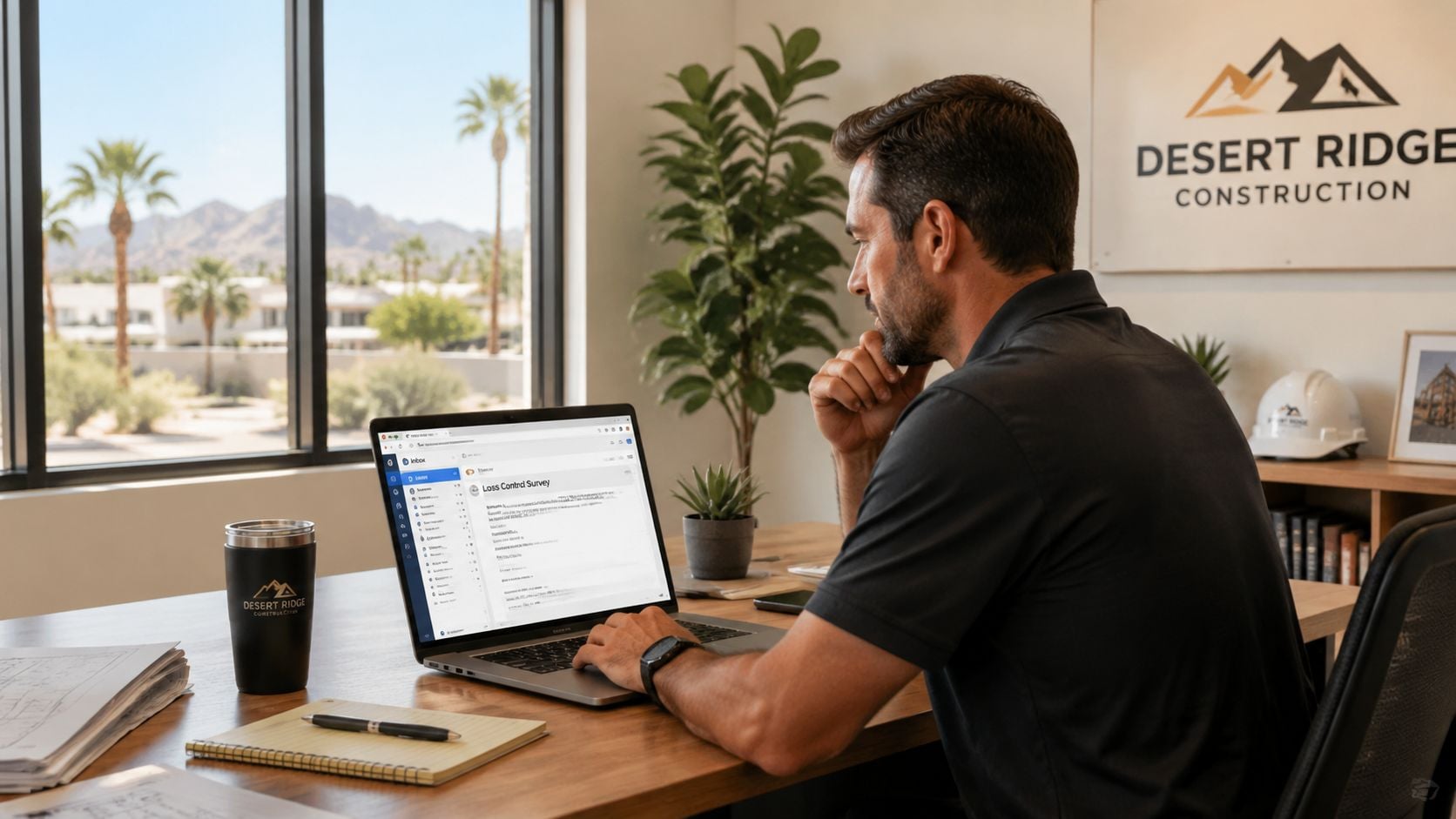 A professional man working on a laptop in a bright, modern office with desert views.