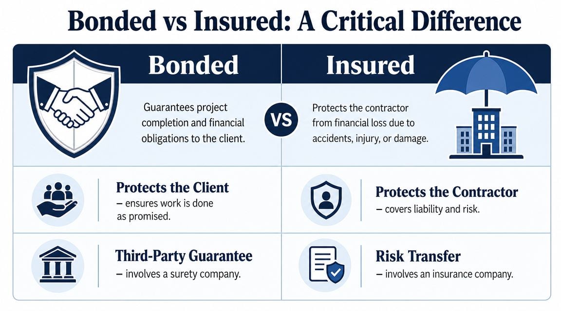 A comparison chart showing the key differences between being bonded and insured for professional services.