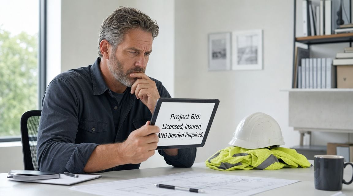 A professional man in an office environment reviews a project bid requirement on a digital tablet.
