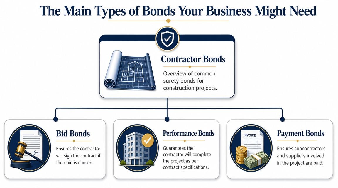 An infographic showing the three main types of construction surety bonds: bid, performance, and payment bonds.