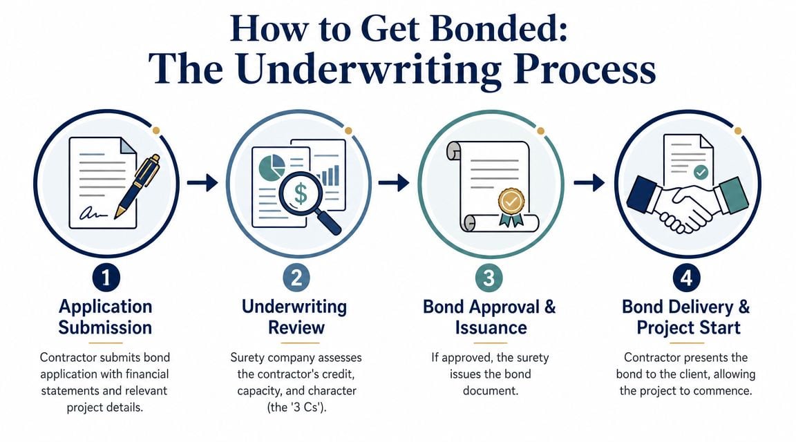 A four-step infographic illustrating the professional underwriting process for obtaining a construction contractor bond.