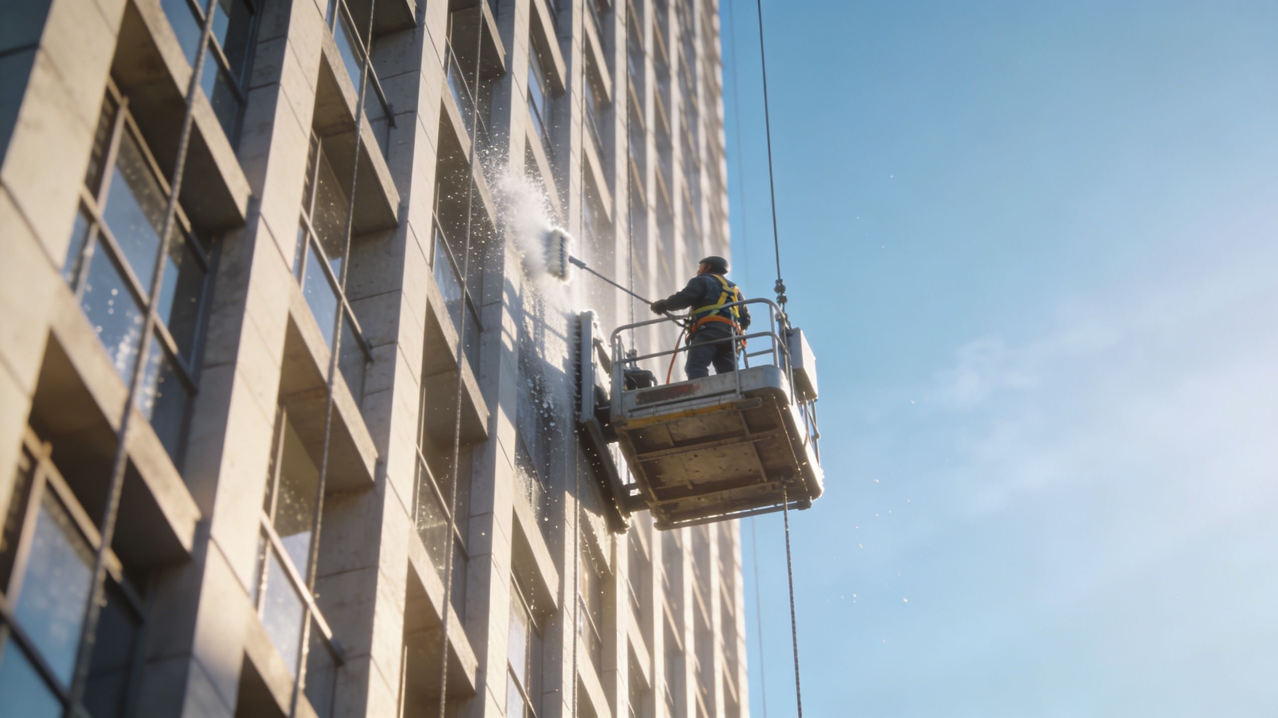 A professional window washer cleans the exterior of a high-rise building while standing on a suspended work platform.