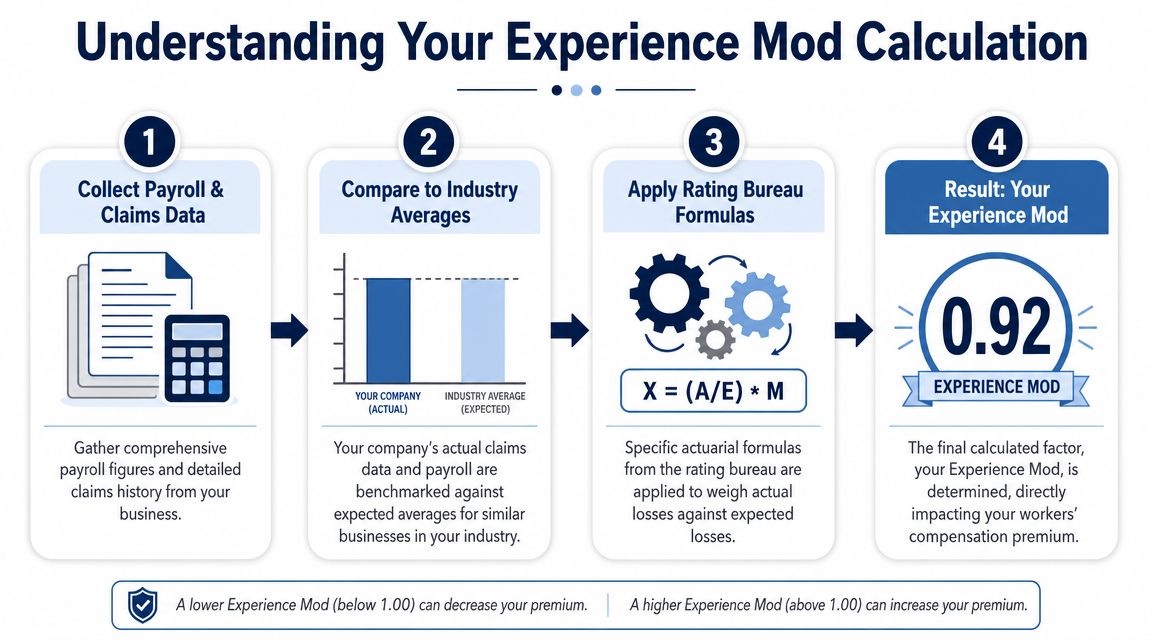 A four-step infographic illustrating how workers compensation experience modification ratings are calculated using business data.