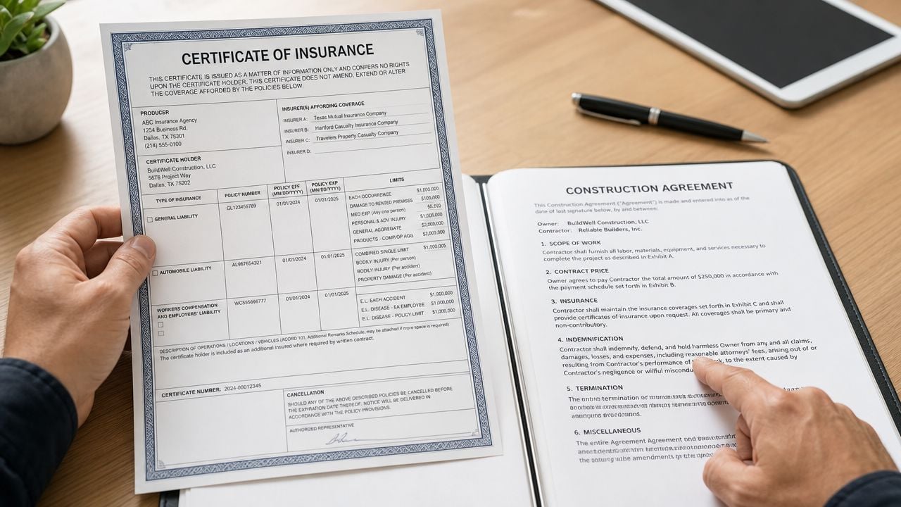 A person reviewing a Certificate of Insurance and Construction Agreement document on a wooden desk.