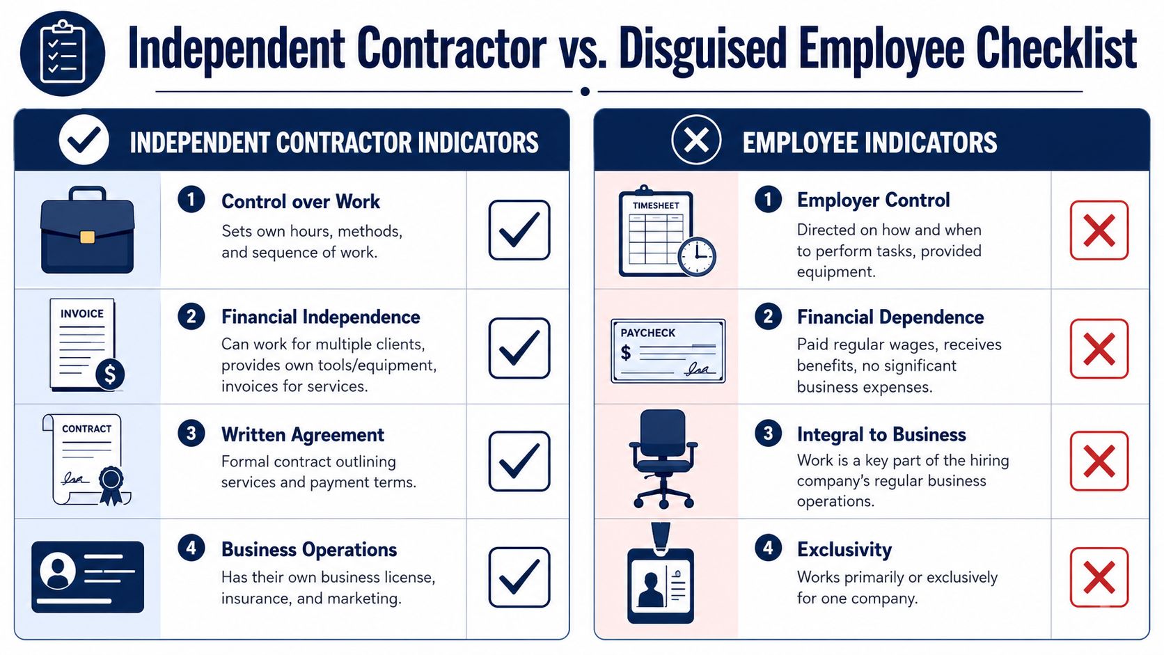 A checklist comparison table detailing the key differences between independent contractors and disguised employees for tax purposes.