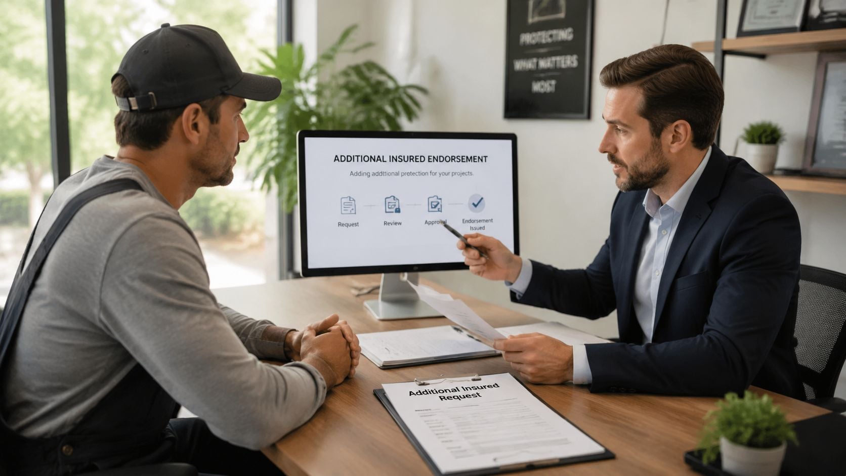 A professional insurance agent explains an additional insured endorsement process to a client in an office.