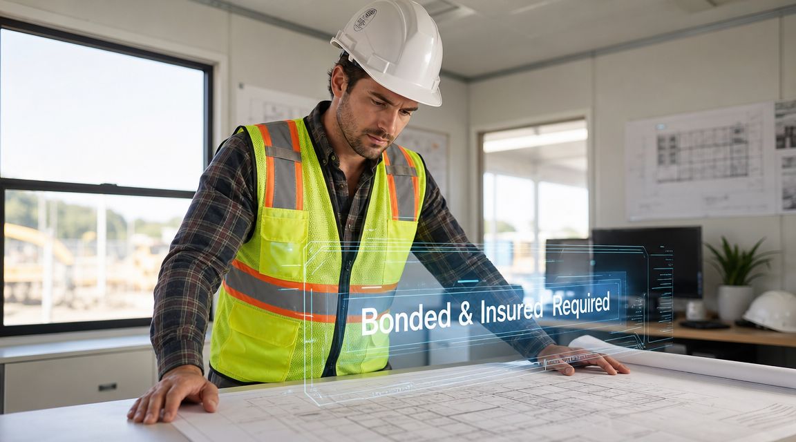 A construction engineer reviewing blueprints in an office with a holographic notice requiring bonded and insured documentation.