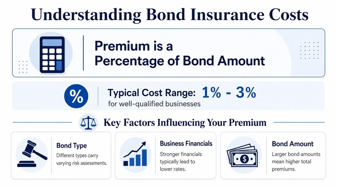 An infographic explaining how bond insurance premiums are calculated based on bond amount and risk factors.