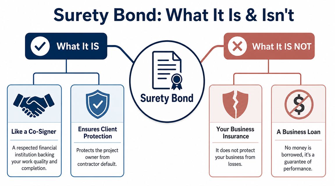 A simple infographic explaining what a surety bond is and isn't using clear, categorized bullet points.