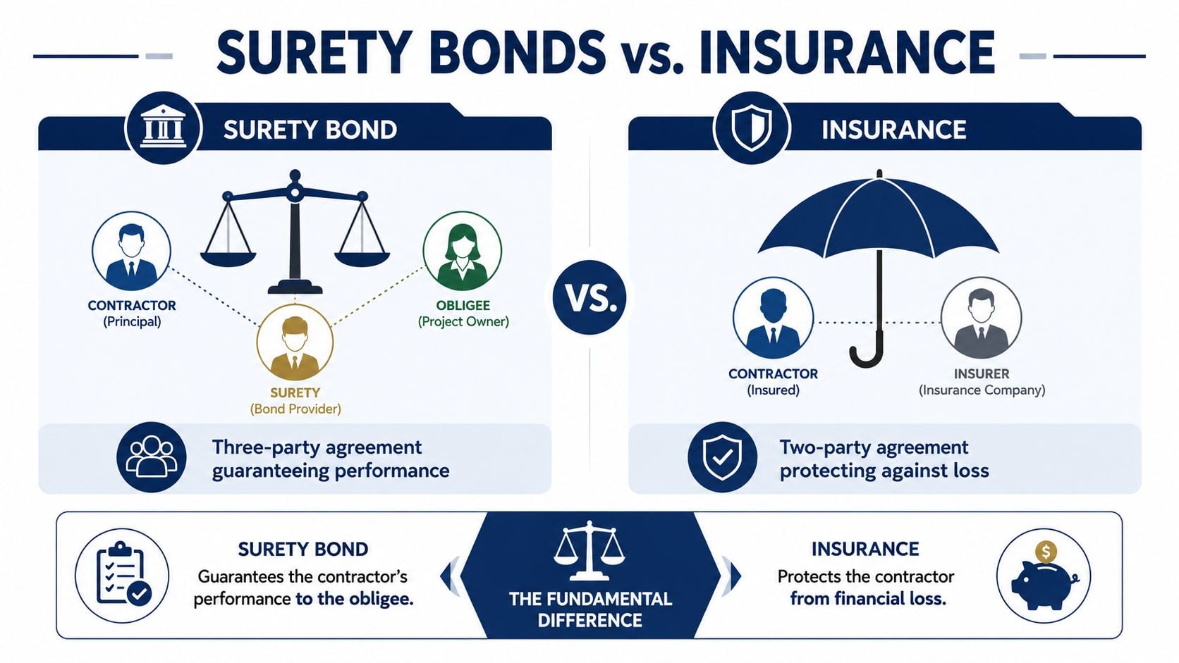 An infographic comparing surety bonds and insurance, detailing their structures, parties involved, and fundamental differences for contractors.