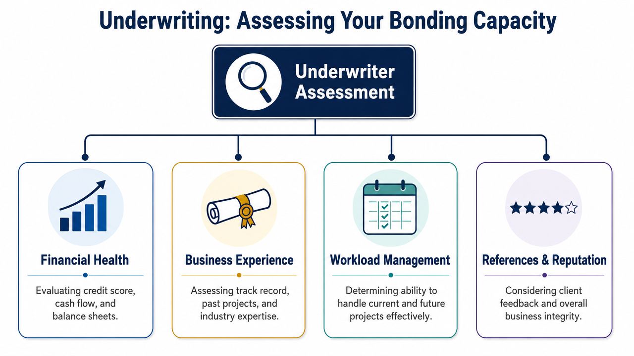 A flowchart infographic titled Underwriting Assessing Your Bonding Capacity showing four key business assessment criteria.