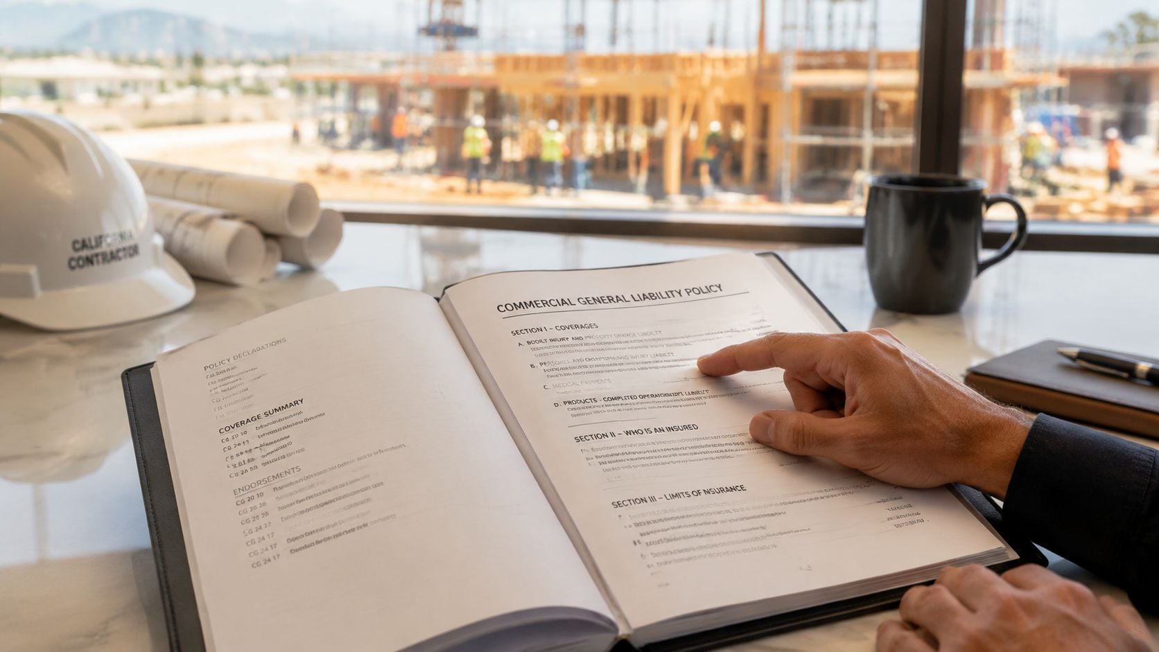 A contractor reviews a commercial general liability insurance policy at a desk overlooking a construction site.