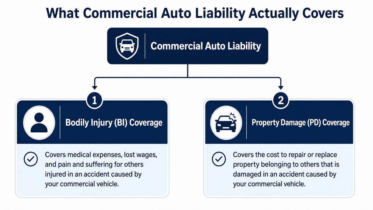 A diagram explaining that commercial auto liability insurance covers bodily injury and property damage for others.