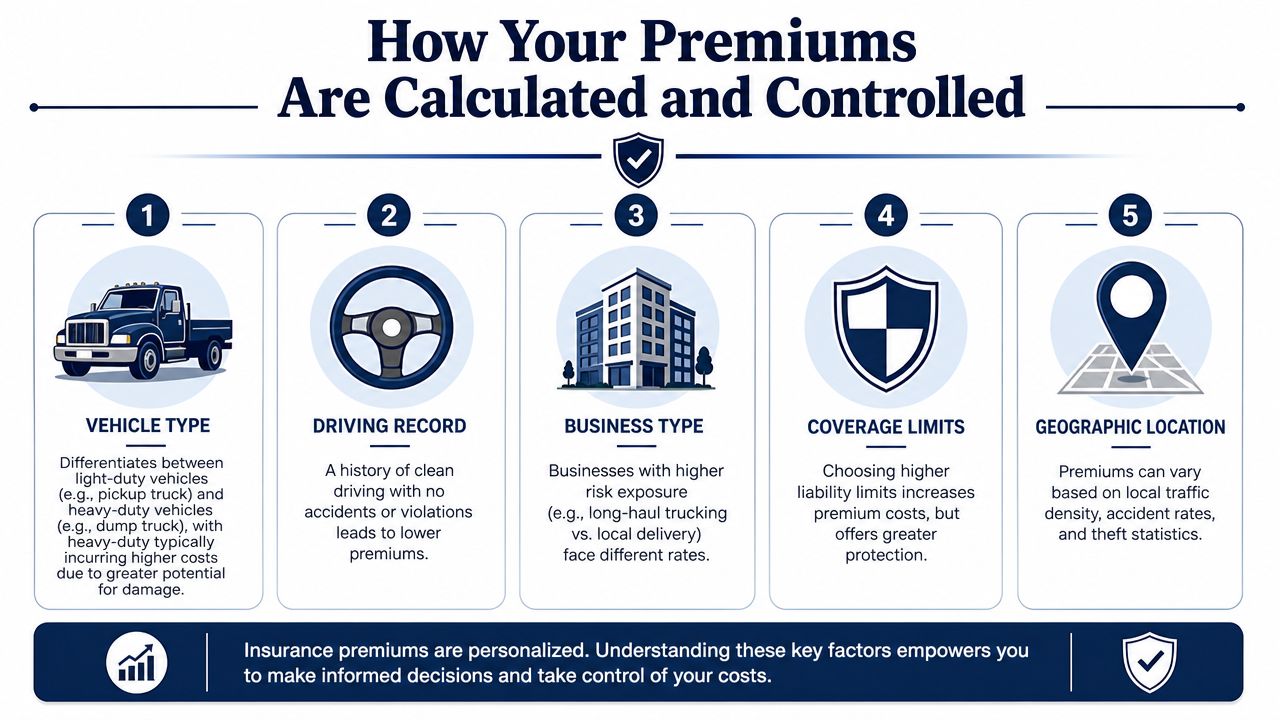 An infographic showing five key factors that influence commercial auto liability insurance premiums for business owners.