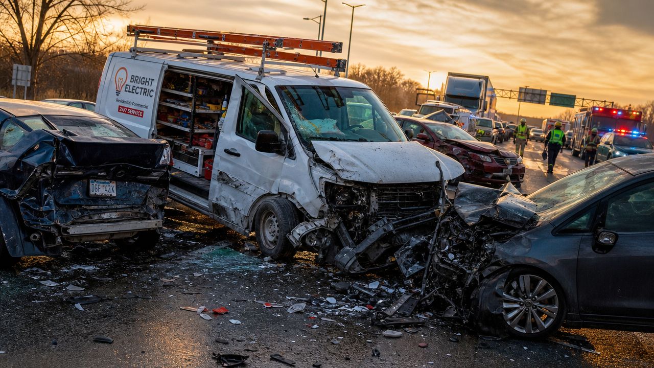 A multi-vehicle highway accident involving a Bright Electric van and several damaged passenger cars on a road.
