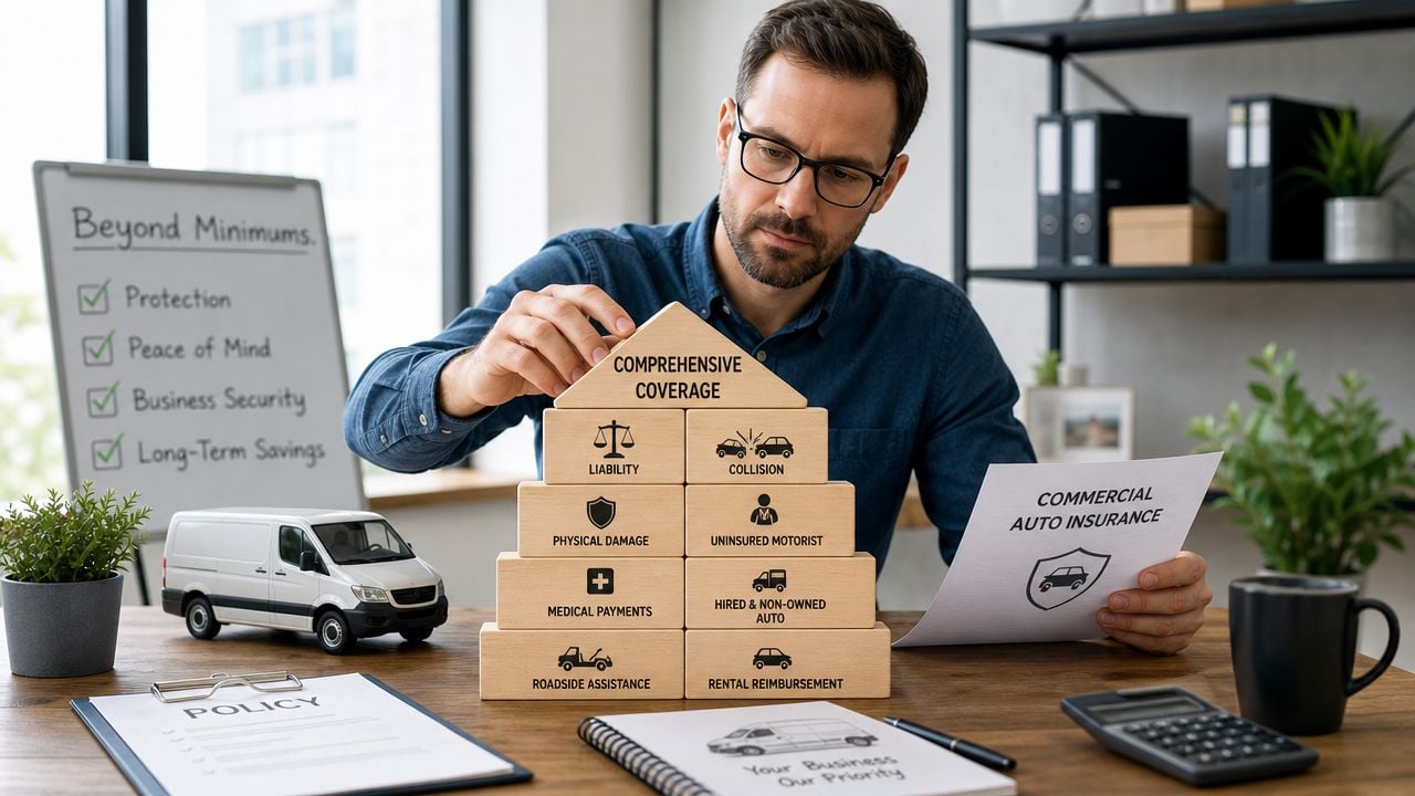 A professional man building a wooden block pyramid representing comprehensive commercial auto insurance coverage options.