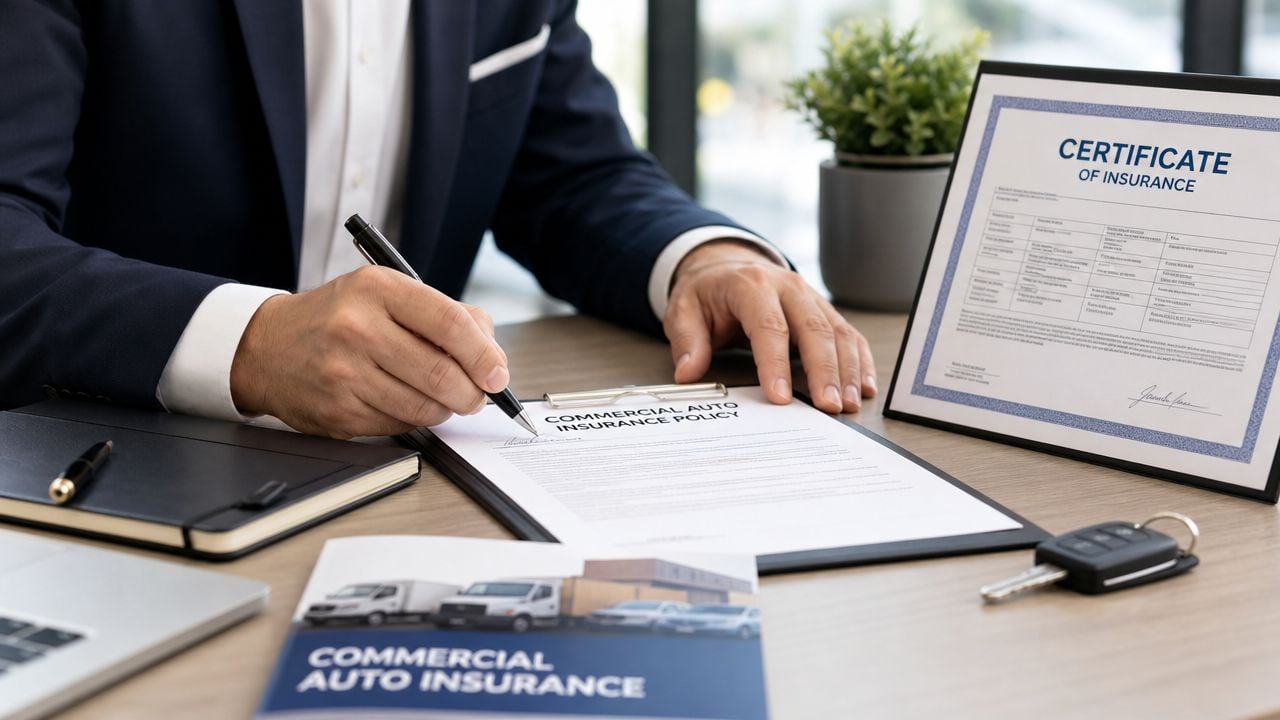 A professional insurance agent signing a commercial auto insurance policy document at a desk with keys.